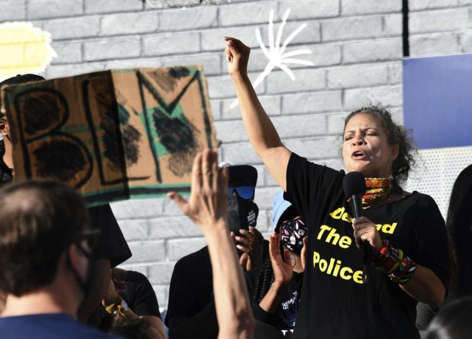 Melina Abdullah speaks during a Black Lives Matter-Los Angeles news conference last month.