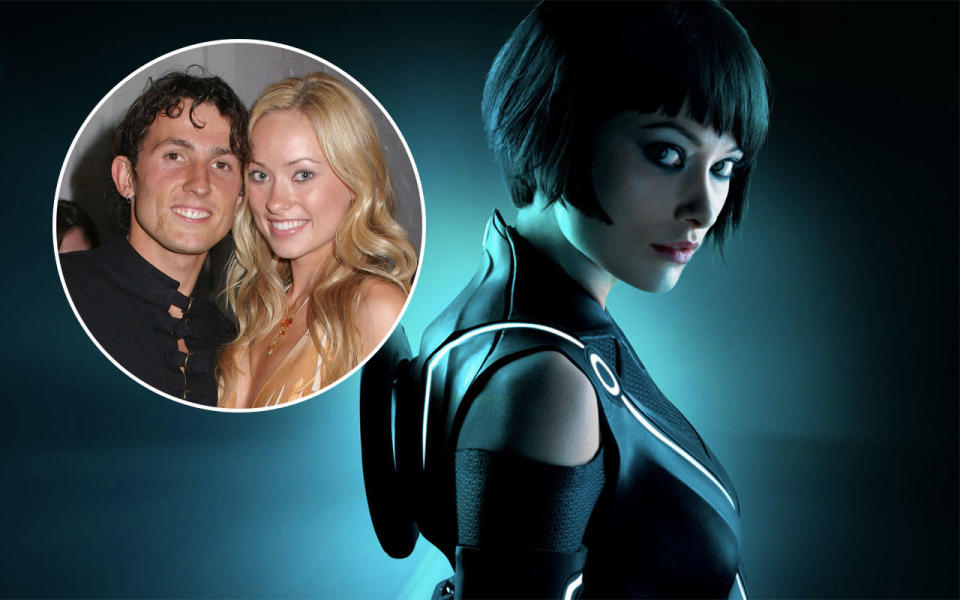 Olivia Wilde in 'Tron: Legacy' and inset with husband Tao Ruspoli in 2003 (Credit: Disney/Getty Images)