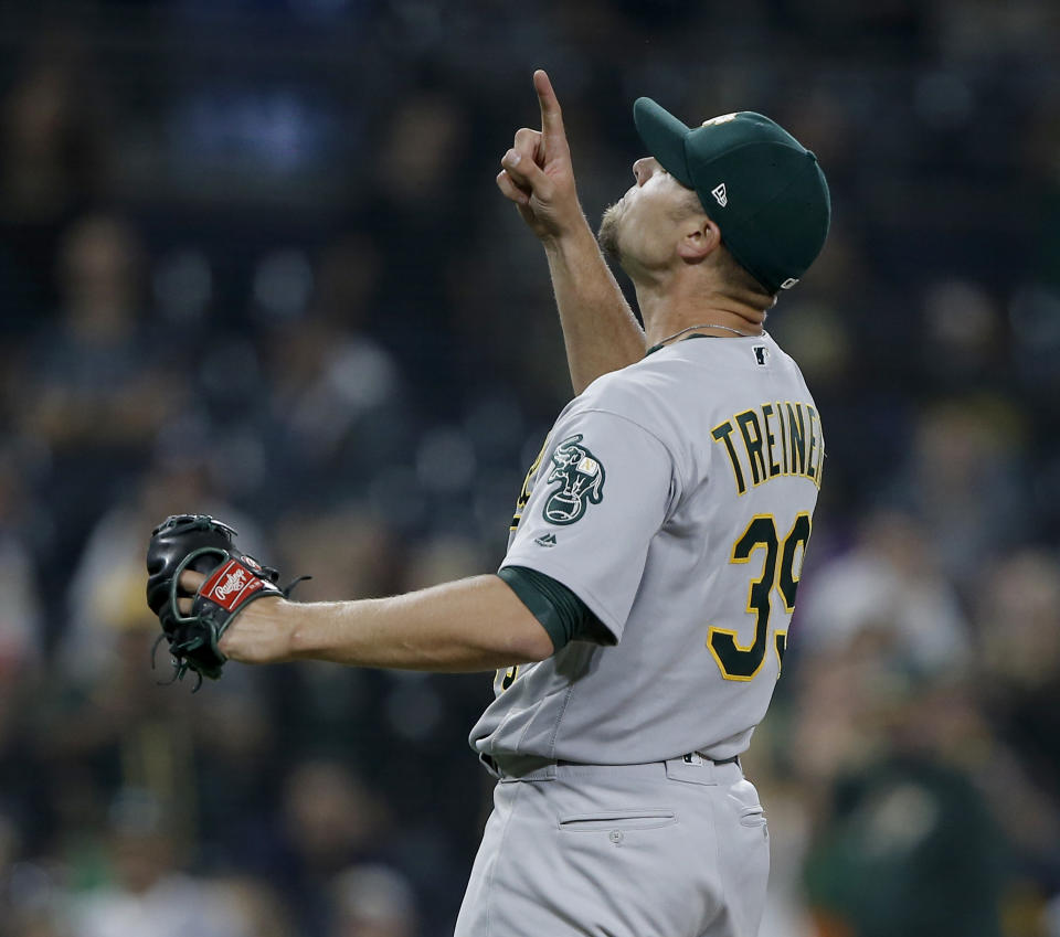 The arrow points up for Blake Treinen, Oakland’s dynamic closer (AP Photo/Alex Gallardo)