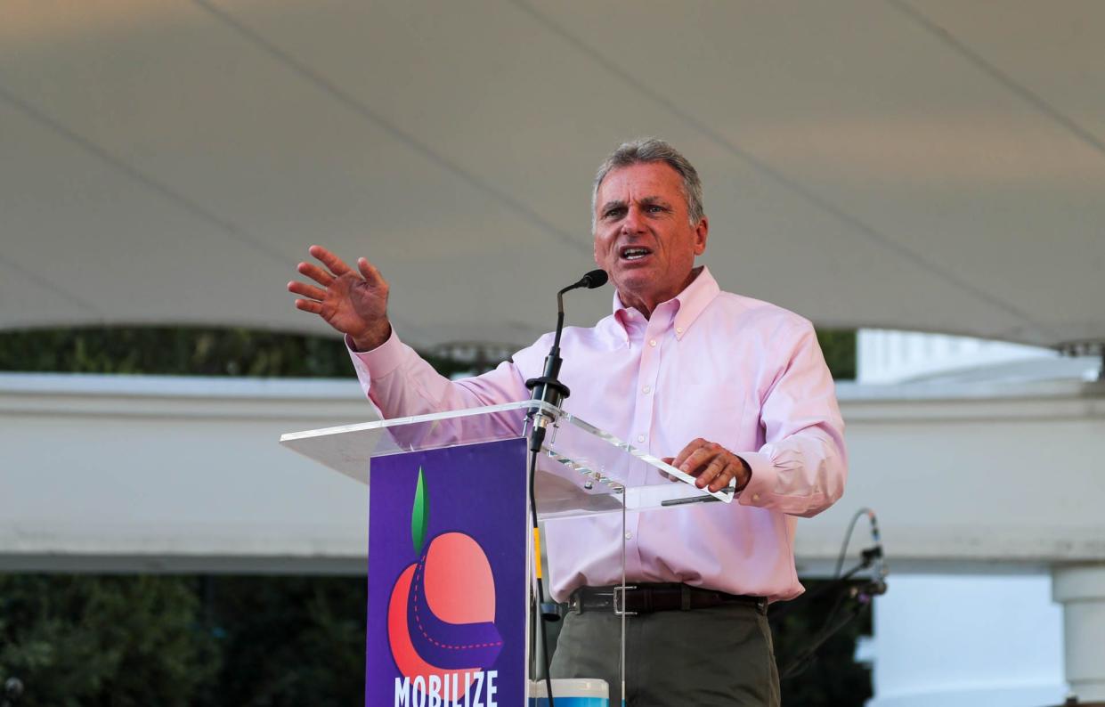 Congressman Buddy Carter talks about fentanyl as he speaks on the stage in Forsyth Park during the first ever Mobilize Recovery Across Georgia rally on Saturday, September 2, 2023.