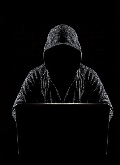 A hooded figure sits in front of a laptop, their face obscured in darkness