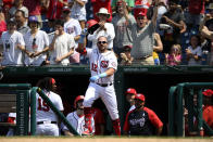 Washington Nationals' Kyle Schwarber takes a curtain call after he hit a two-run home run during the seventh inning of a baseball game against the New York Mets, Sunday, June 20, 2021, in Washington. (AP Photo/Nick Wass)