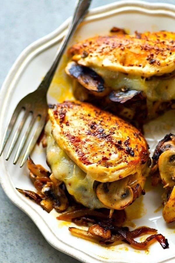 Caramelized Onion, Mushroom, and Swiss Stuffed Chicken