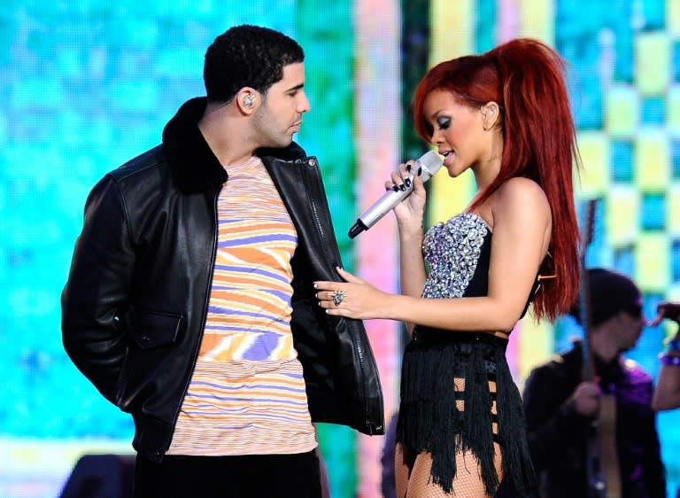 Rapper Drake and singer Rihanna perform in Los Angeles on February 20, 2011