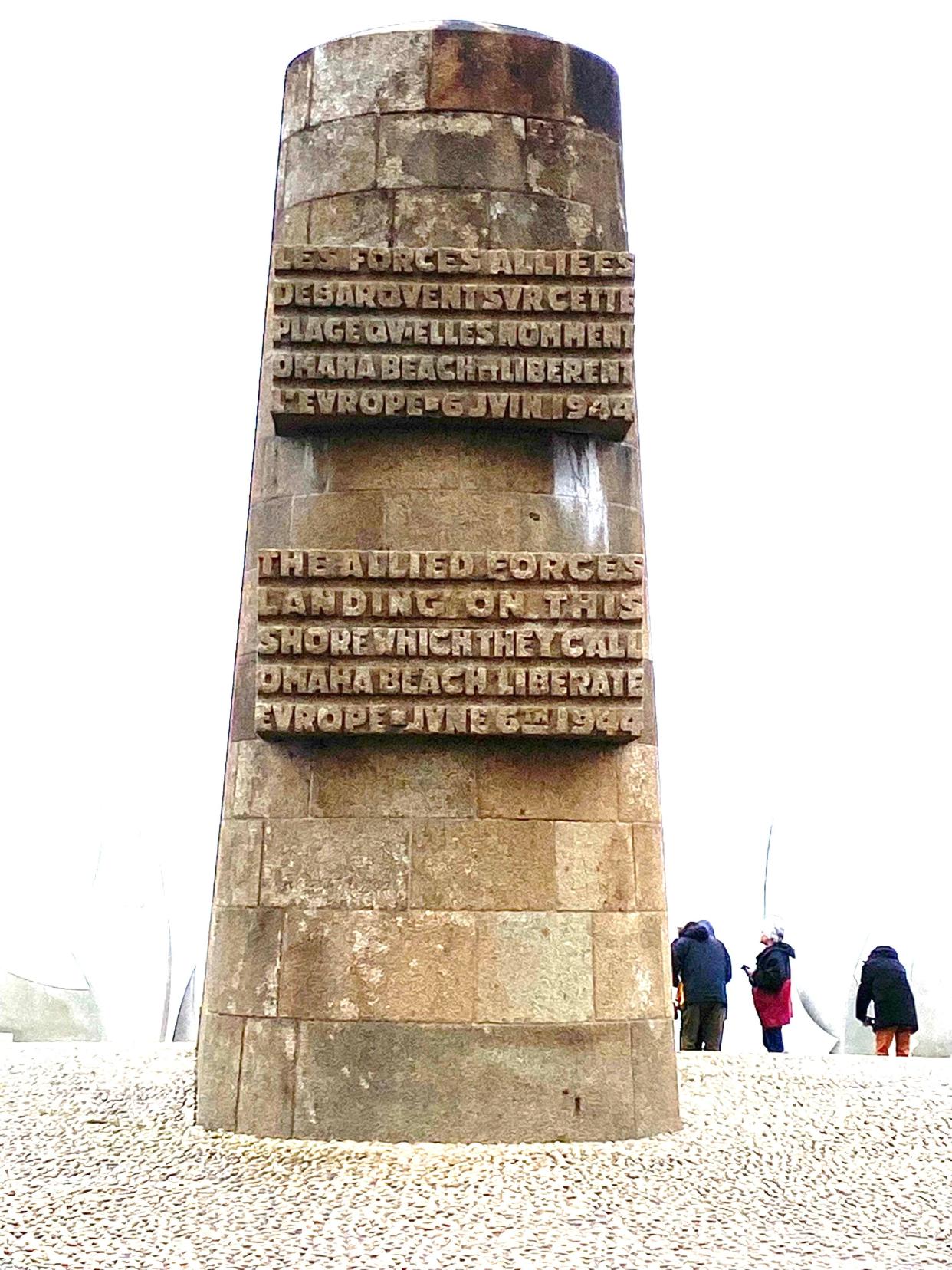 This stone monument at Saint-Laurent-sur-Mer bears a simple message in French and English: “The Allied forces landing on this shore which they call Omaha Beach liberate Europe June 6th, 1944.”