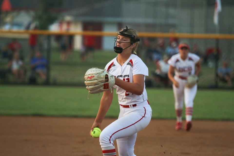 DCG's Tessa Jones throws a pitch during a doubleheader against Newton on Wednesday, June 28, 2023.