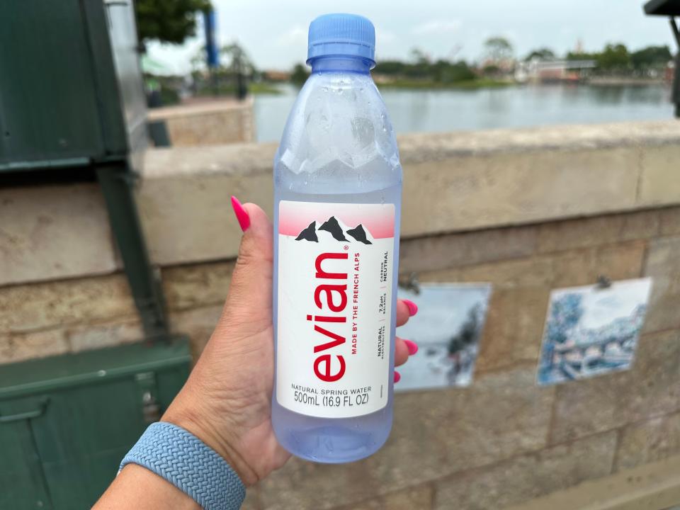 hand holding a bottle of evian water in epcot at disney world