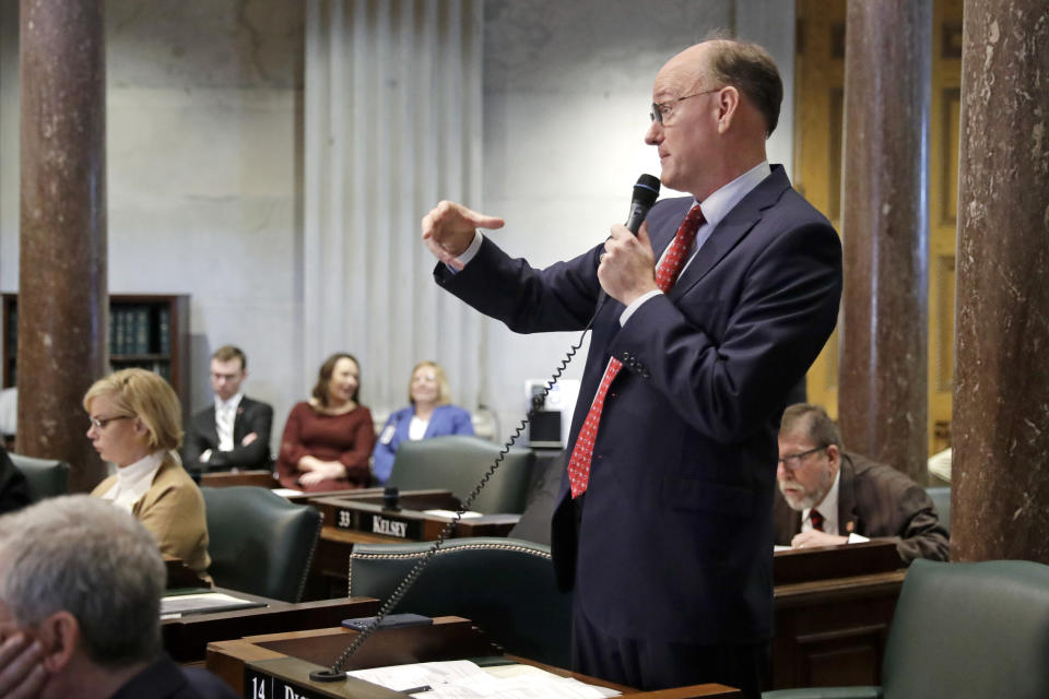 State Sen. Steven Dickerson, R-Nashville, debates a proposal allowing faith-based adoption agencies to decline to place children with same-sex couples because of their religious belief without facing penalties, on the first day of the 2020 legislative session Tuesday, Jan. 14, 2020, in Nashville, Tenn. (AP Photo/Mark Humphrey)