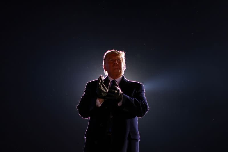 U.S. President Trump looks out at supporters at the end of a campaign rally in Omaha, Nebraska