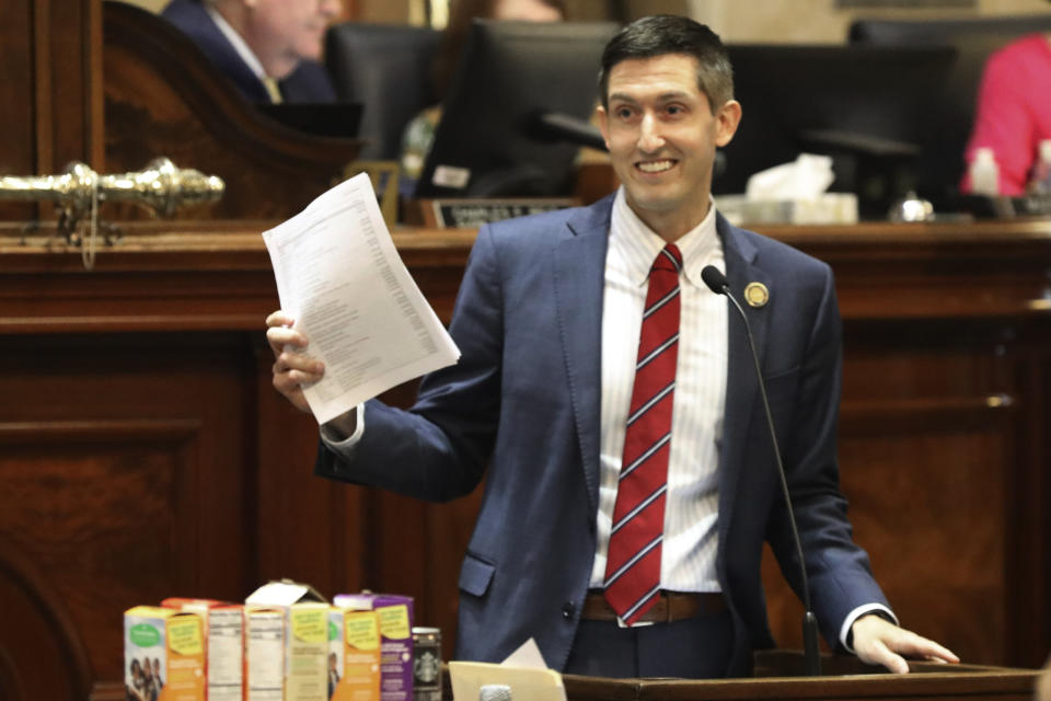 FILE - Rep. Adam Morgan, speaks out against individual spending in member districts, May 9, 2023, in Columbia, S.C. Morgan is taking on U.S. Rep. William Timmons for the Upstate 4th District in the 2024 South Carolina primaries. (AP Photo/Jeffrey Collins, File)