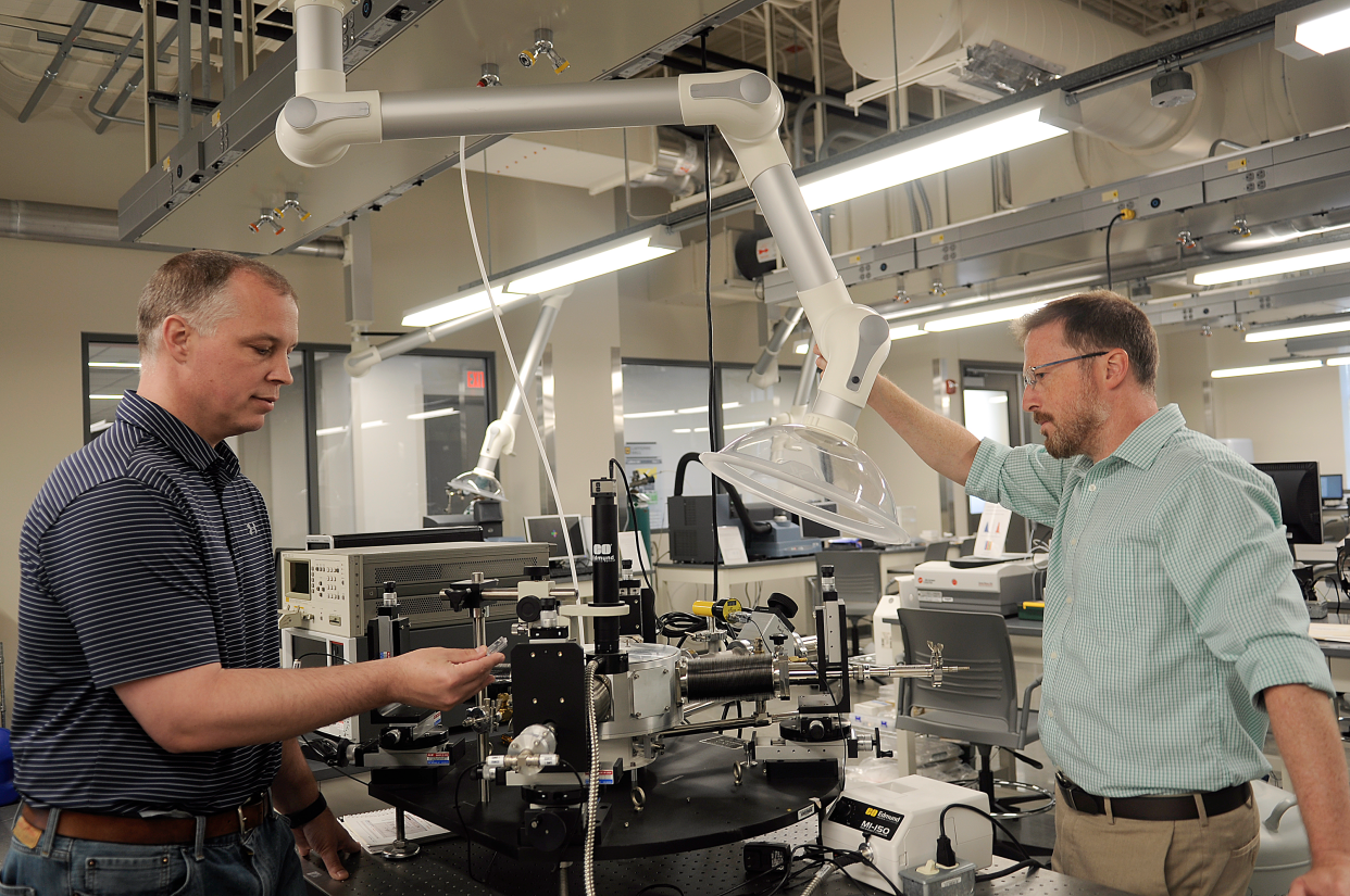 Matt Maschmann, left, focuses on the integration of artificial intelligence and machine learning into materials processing. Derek Anderson is working alongside him to help make artificial intelligence more intelligent by determining how to better integrate human knowledge into the artificial world.