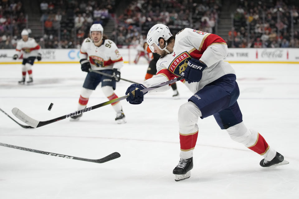Florida Panthers center Kevin Stenlund (82) shoots during the second period of an NHL hockey game against the Anaheim Ducks in Anaheim, Calif., Friday, Nov. 17, 2023. (AP Photo/Ashley Landis)