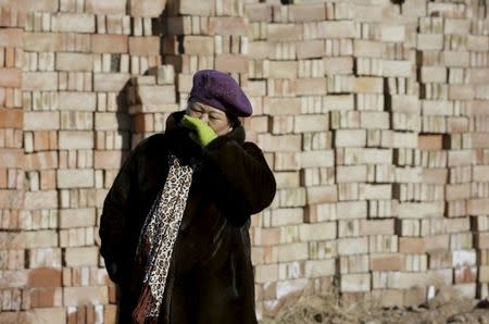 Manager of a closed brick factory Han Fengge stands in front of a stack of bricks at the factory in a village on the outskirts of Beijing, China, January 18, 2016. Picture taken January 18, 2016. REUTERS/Jason Lee