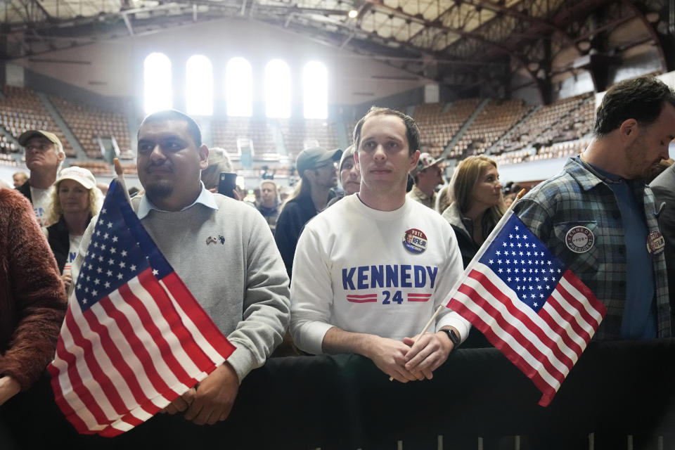 Supporters of Presidential candidate Robert F. Kennedy Jr. gather during a campaign event, Tuesday, March 26, 2024, in Oakland, Calif. (AP Photo/Eric Risberg)