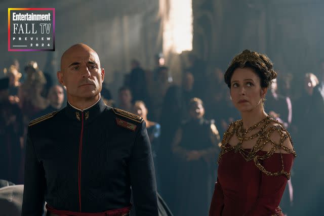 <p>Attila Szvacsek/HBO</p> Emperor Javicco Corrino (Mark Strong) and Empress Natalya (Jodhi May) in 'Dune: Prophecy.'