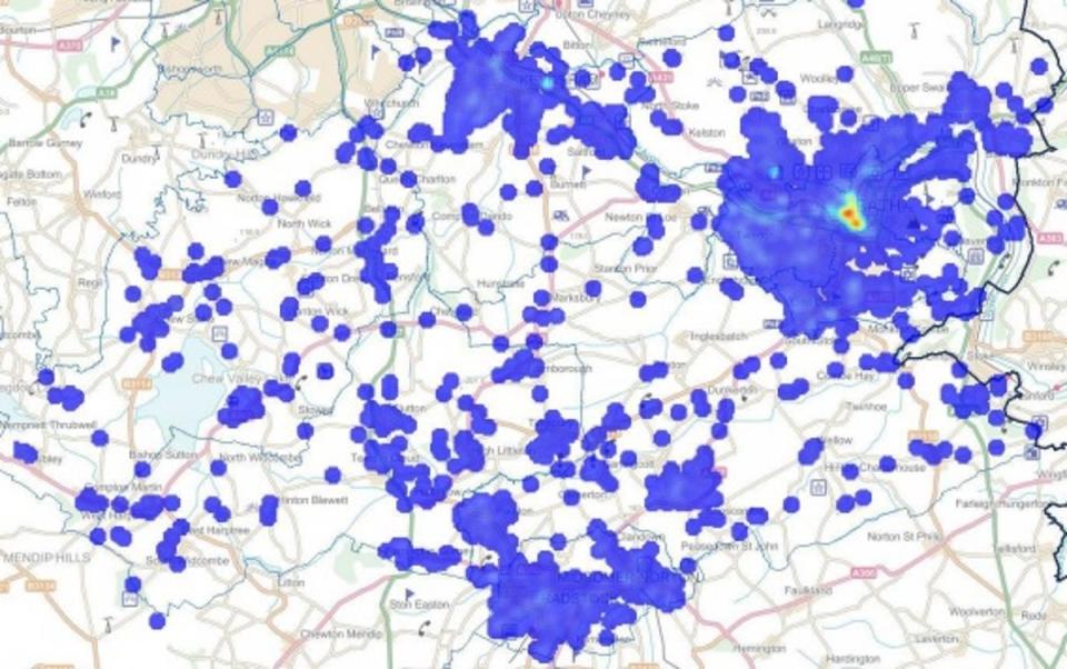 Map showing the number of serious violence incidents with central Bath being a hotspot area (Bath and North East Somerset Community Safety and Safeguarding Partnership)