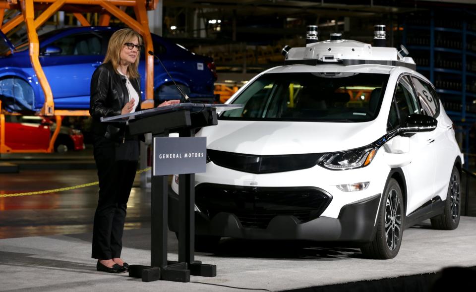 GM Chairwoman and CEO Mary Barra talks with workers and members of the media at the Orion Assembly Plant in Orion Township on Tuesday, June 13, 2017, announcing that the company has completed production of 130 Chevrolet Bolt EV test vehicles equipped with its next generation of self-driving technology.