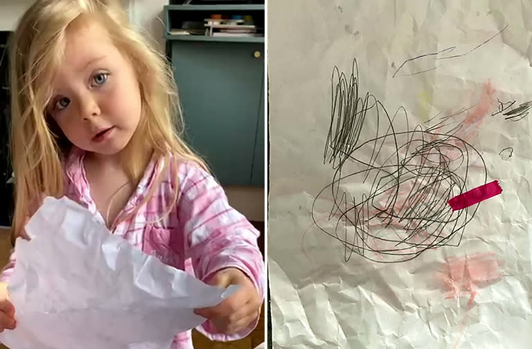 Three-year-old gives her mum a telling-off after finding one of her drawings in the bin