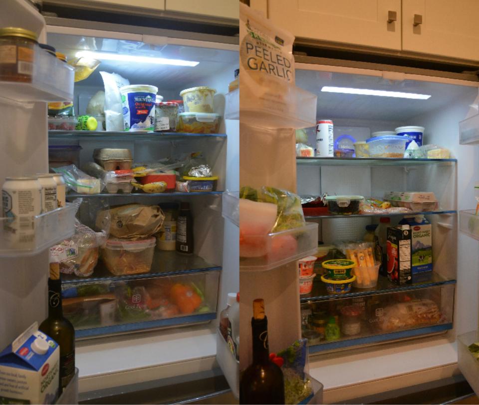 Kate Hull's fridge before (left), produce is in the crisper drawer, condiments are in the door shelves, and everything else is everywhere. Kate Hull's fridge after (right), produce is now in the fridge door, and condiments are in the crisper drawer. 