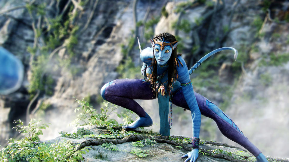 Zoe Saldana crouched on a mountain.