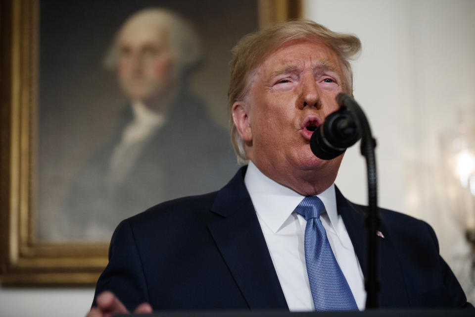 President Donald Trump speaks about the mass shootings in El Paso, Texas and Dayton, Ohio, in the Diplomatic Reception Room of the White House, Monday, Aug. 5, 2019, in Washington. (AP Photo/Evan Vucci)