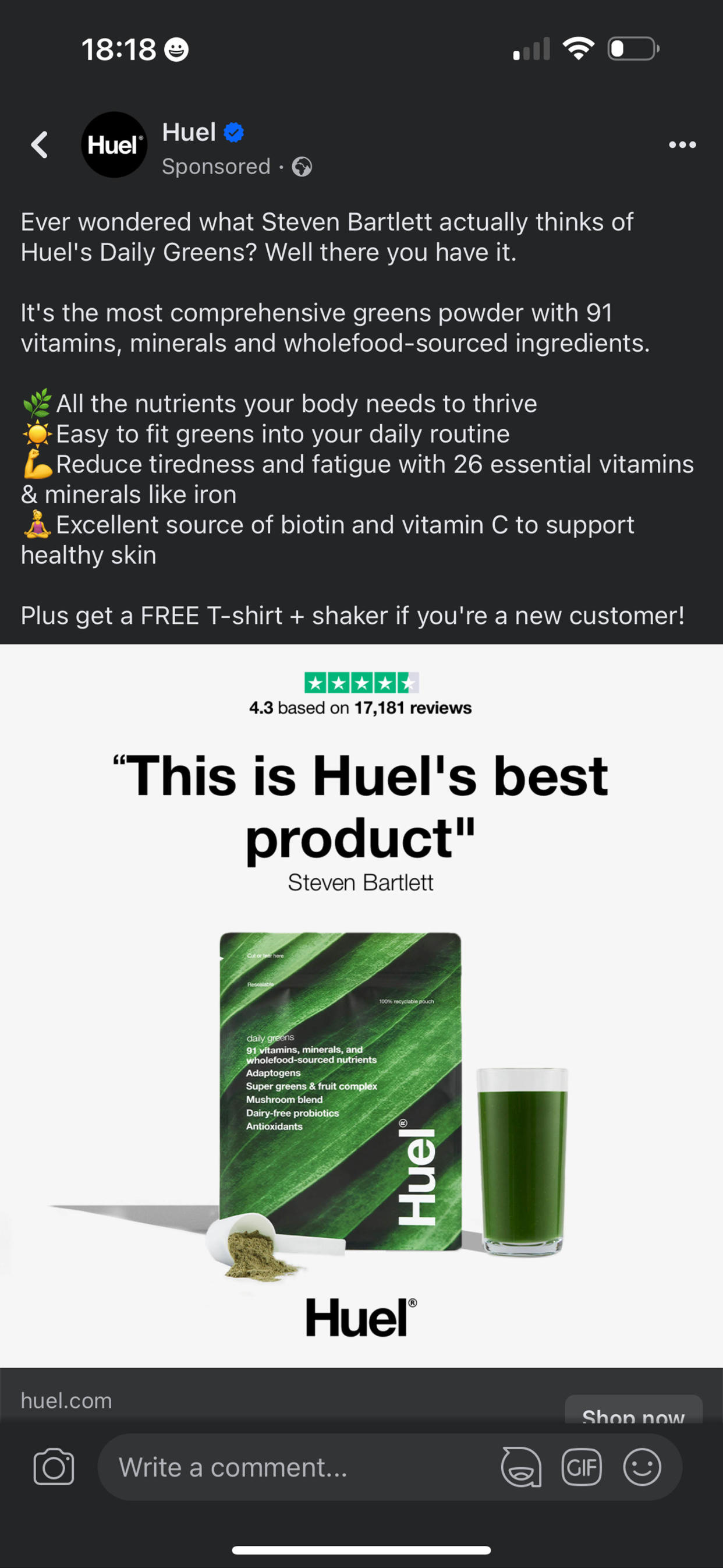 The advert for Huel featuring Bartlett (ASA/PA)