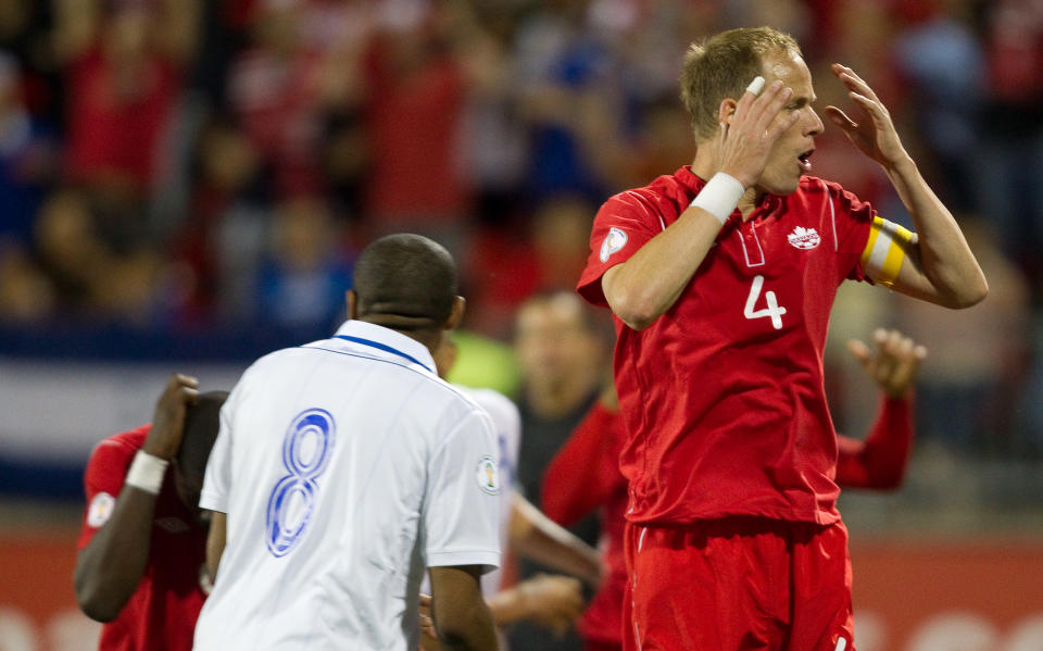 Kevin McKenna of Canada reacts after narrowly missing the goal with a header in the final seconds of Canada's FIFA 2014 World Cup Qualifier against Honduras at BMO field in Toronto, Ontario, June 12, 2012. The match ended in a 0-0 tie. AFP PHOTO/Geoff RobinsGEOFF ROBINS/AFP/GettyImages