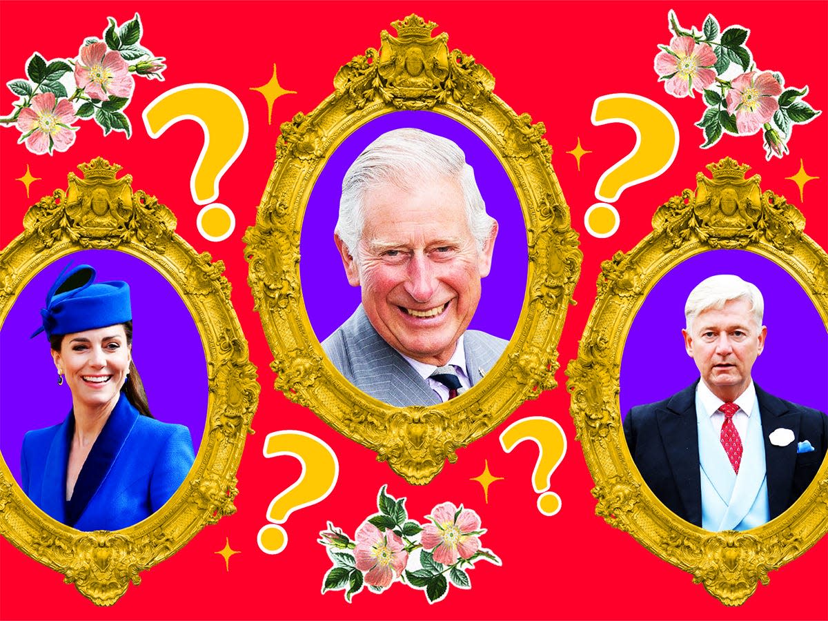 Charles in Charge Series: Prince Charles, Prince of Wales, Catherine, Princess of Wales Duchess of Cambridge and Clive Alderton Private Secretary to the Sovereign of the United Kingdom surrounded by gold frames, question marks and vintage floral