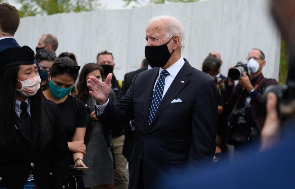 SHANKSVILLE, PA - SEPTEMBER 11: Democratic presidential nominee and former Vice President Joe Bidenand his wife, Jill, talks to the press after greeting family members of victims and laying a wreath  at the Wall of Names following a ceremony at the Flight 93 National Memorial commemorating the 19th Anniversary of the crash of Flight 93 and the September 11th terrorist attacks on September 11, 2020 in Shanksville, Pennsylvania. The nation is marking the nineteenth anniversary of the terror attacks of September 11, 2001, when the terrorist group al-Qaeda flew hijacked airplanes into the World Trade Center and the Pentagon, killing nearly 3,000 people. (Photo by Jeff Swensen/Getty Images)