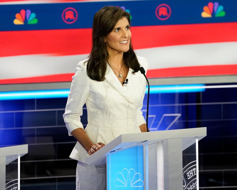 Nov 8, 2023; Miami, FL, USA; Former South Carolina Gov. Nikki Haley during the Republican National Committee presidential primary debate hosted by NBC News at Adrienne Arsht Center for the Performing Arts of Miami-Dade County.. Mandatory Credit: Jonah Hinebaugh-USA TODAY