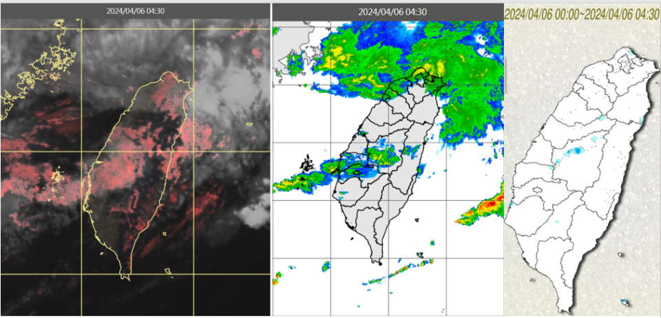 今(4/6)晨4：30真實色雲圖顯示，中部以北有較多零散的雲層(左圖)；4：30雷達回波合成圖顯示，雲層伴隨弱降水回波(右圖)。取自三立準氣象.老大洩天機官網