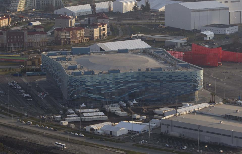 An aerial view from a helicopter shows the "Iceberg" Skating Palace at the Olympic Park in the Adler district of the Black Sea resort city of Sochi