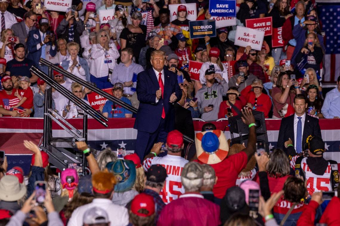 Former president Donald Trump thanks supporters after speaking during a rally at Wilmington International Airport Friday, Sept. 23, 2023.