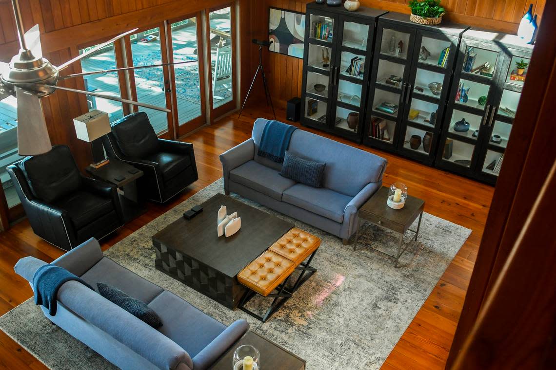 Looking down from the second floor shows the living room of Ted Turner’s former home as seen on Nov. 14, 2022 on St. Phillips Island. While the furniture is not from the estate of Turner, the home is finely furnished by the state of South Carolina and features all of the comforts of home.