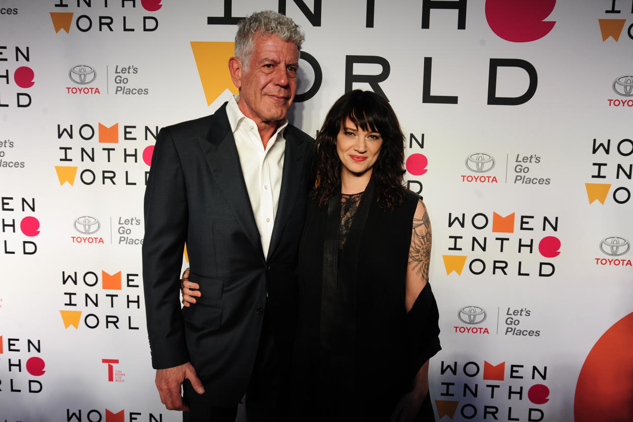 Asia Argento said that her late boyfriend, Anthony Bourdain, pictured here on April 12, urged her to reach a settlement with Jimmy Bennett. (Photo: Paul Bruinooge/Patrick McMullan via Getty Images)