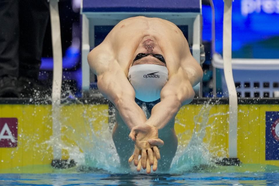 Ryan Murphy swims during a Men's 200 backstroke preliminary heat Wednesday, June 19, 2024, at the US Swimming Olympic Trials in Indianapolis. (AP Photo/Michael Conroy)