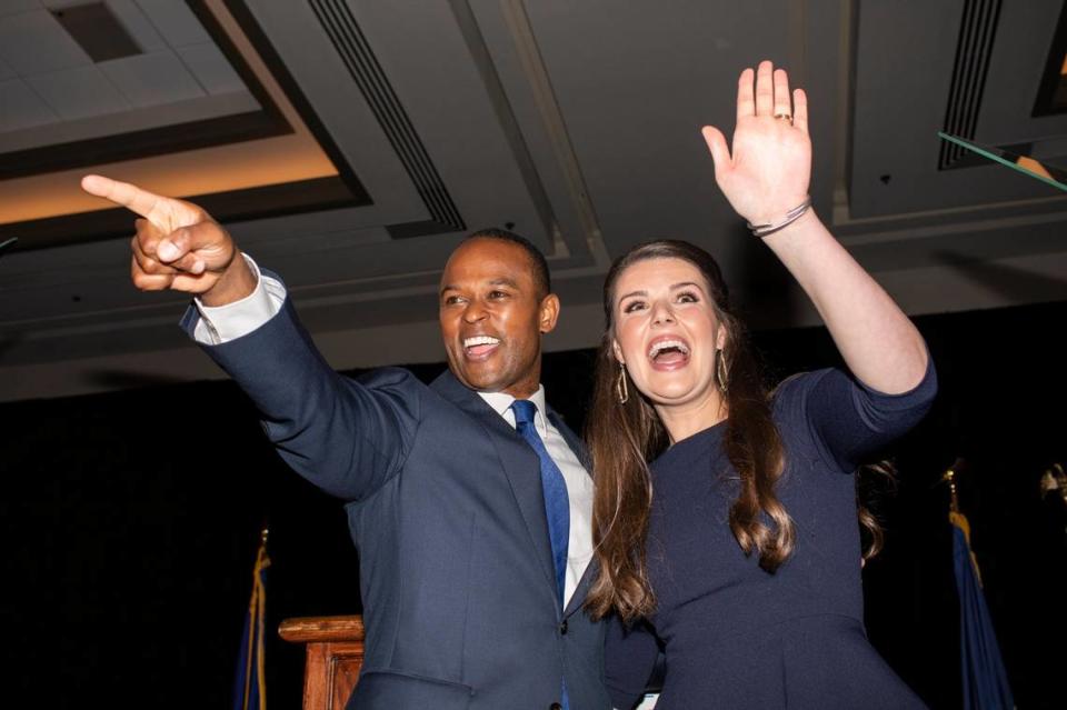 Gubernatorial candidate Daniel Cameron and wife Makenze Cameron greet supporters after securing the Republican primary election at an event at the Galt House in Louisville, Ky., Tuesday, May 16, 2023.