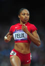 <a href="http://sports.yahoo.com/olympics/track-field/allyson-felix-1132858" data-ylk="slk:Allyson Felix;elm:context_link;itc:0;sec:content-canvas" class="link ">Allyson Felix</a> of the United States competes in the Women's 200m heat on Day 10 of the London 2012 Olympic Games at the Olympic Stadium on August 6, 2012 in London, England.