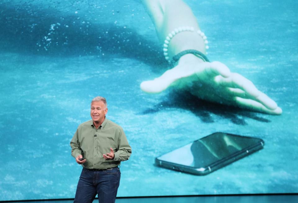 Phil Schiller, senior vice president of worldwide marketing at Apple Inc., speaks at an Apple event at the Steve Jobs Theater at Apple Park on September 12, 2018 in Cupertino, California: Justin Sullivan/Getty Images