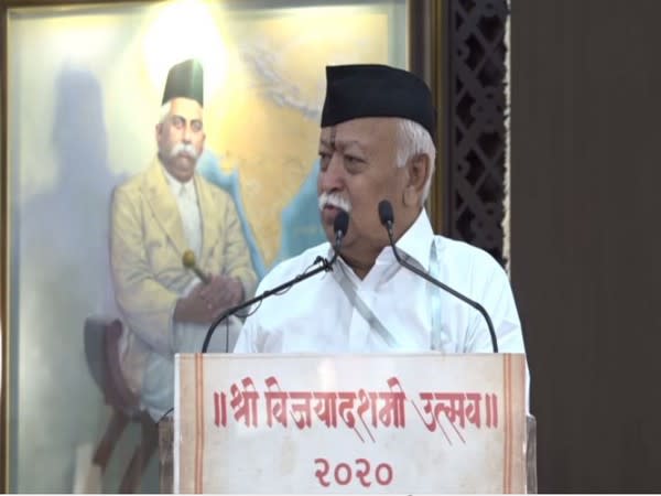 RSS chief Mohan Bhagwat addressing the Vijay Dashmi event in Nagpur. (Photo/ANI)