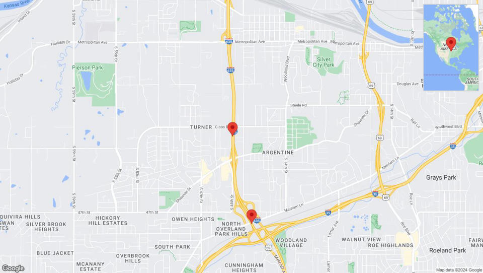 A detailed map that shows the affected road due to 'Traffic alert issued due to heavy rain conditions on southbound I-635 in Kansas City' on May 2nd at 4:32 p.m.