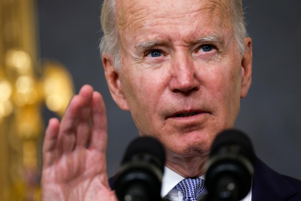 President Joe Biden delivers remarks on the Inflation Reduction Act of 2022 in the State Dining Room of the White House on Thursday in Washington. In a major reversal, Sen. Joe Manchin announced his support for the legislation that includes provisions for climate change, tax hikes on corporations and health care subsidies.