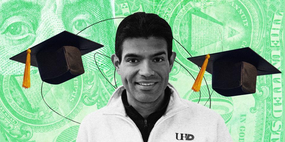 Cutout photo of a man surrounded by black graduation caps, against a green background made up of collaged close-ups of a 100 dollar bill