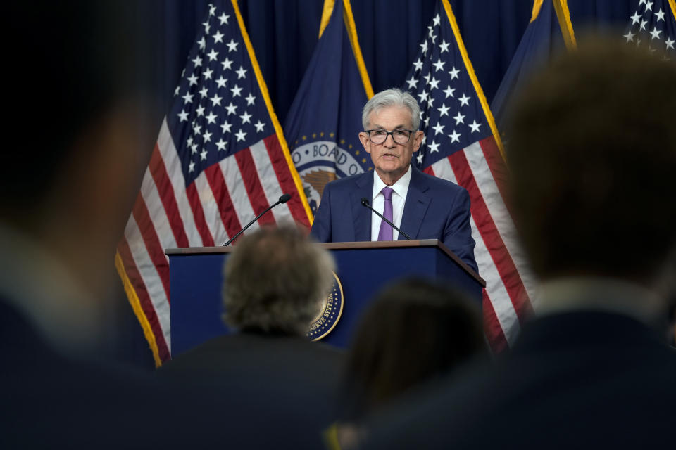 FILE - Jerome Powell, Chairman of the Federal Reserve Board of Governors, speaks during a press conference at the Federal Reserve in Washington, May 1, 2024. On Wednesday, June 12, 2024, the Federal Reserve ends its final meeting by issuing a policy statement, outlining its economic and interest rate projections and holding a press conference with Powell.  (AP Photo/Susan Walsh, File)