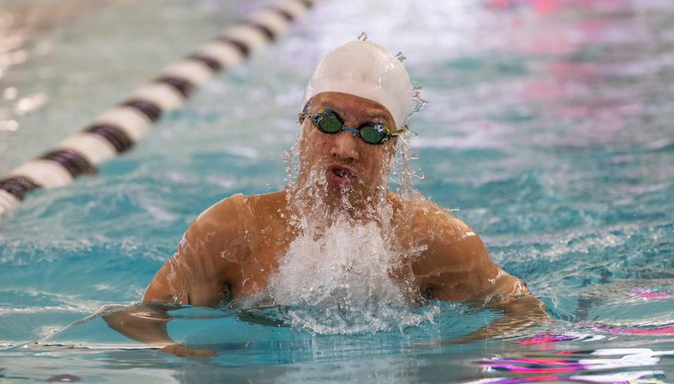 Gregory Lin of Holmdel in 200 Individual Medley Relay at Monmouth County Swim Championships in Neptune, NJ on January 22, 2022. 