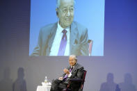 Malaysia's former Prime Minister Mahathir Mohamad answers a question at a session of the International Conference on "The Future of Asia" Friday, May 27, 2022 in Tokyo. (AP Photo/Eugene Hoshiko)