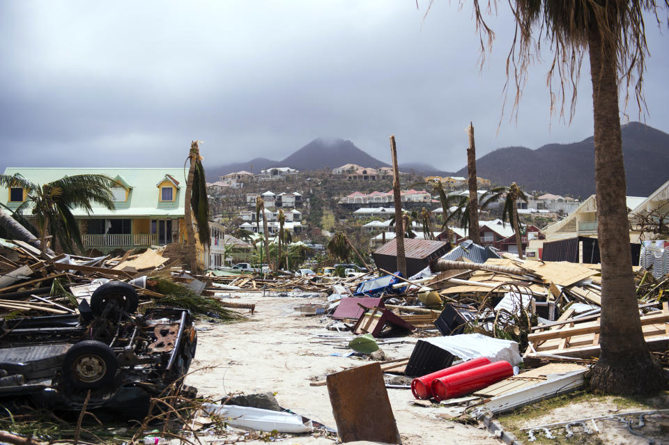 <p>Damage in Orient Bay on the French Carribean island of St. Martin, after the passage of Hurricane Irma, Sept. 7, 2017. (Photo: Lionel Chamoiseau/AFP/Getty Images) </p>