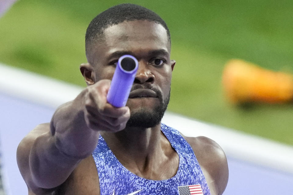 Benjamin of US holds off Tebogo of Botswana to win men's 4x400 relay at