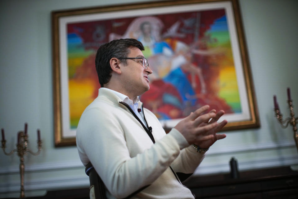 Ukrainian Foreign Minister Dmytro Kuleba answers a question during an interview with Associated Press at the Foreign Affairs Ministry in Kyiv, Monday, April 25, 2022. (AP Photo/Francisco Seco)