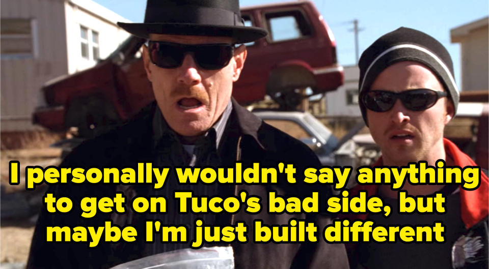 Walt and Jesse stare with open mouths and the caption says "I personally wouldn't say anything to get on Tuco's bad side, but maybe I'm just built different"